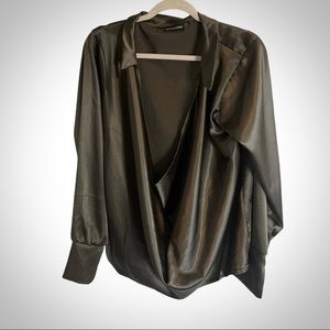 PRETTY LITTLE THING plunge faux satin green top